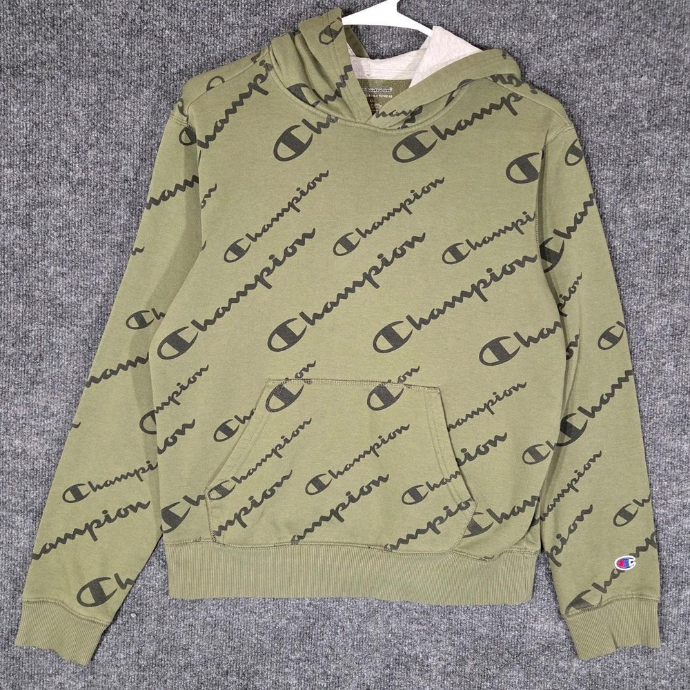 Champion Hoodie Boys XL Green All Over Script Logo Pullover Sweatshirt